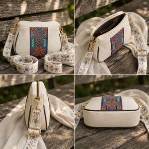 Bolso Bandolera de Lujo Personalizado, Estilo Jaipur, Geométrico, Bordado, Tejido de Rafia, con Correa Ancha Tipo Guitarra, para Mujer - Product Image 2