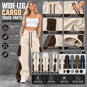 Pantalon cargo pour femme, couleur automne, blocs de couleurs, décontracté, avec cordon de serrage, jambes larges, avec bande latérale - Product Image 6