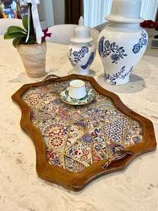 Contemporary Handmade <b>Wooden</b> <b>Serving</b> <b>Tray</b> With Hand painted Oriental Tile Pattern Bohemian Design Irregular Shape Decorative UO - Product Image 4