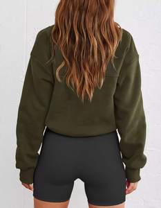 Sudadera con capucha corta oversize verde oliva para mujer, de invierno, con media cremallera, manga larga, estilo casual urbano, corte holgado, para uso diario - Product Image 2