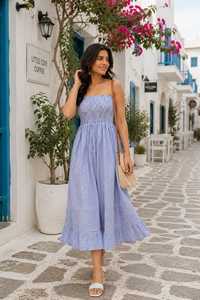 Women Bohemian Yellow Striped Strapless Summer Sundress Shoulder Smocked Midi Casual Beach <b>Ruffle</b> Holiday 100% Cotton A-Line - Product Image 3
