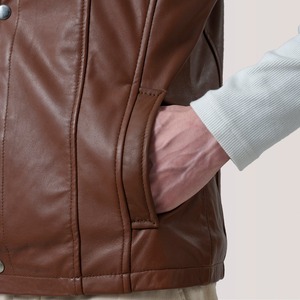 Gilet en cuir véritable marron pour homme, col montant, fermeture éclair, vêtement d'extérieur décontracté pour l'automne - Product Image 6