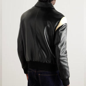 Men's Black PU <b>Leather</b> Waterproof Motorcycle <b>Jacket</b> Cream Shoulder Panels Zipper Closure Stand Collar Regular Fit 220g - Product Image 2