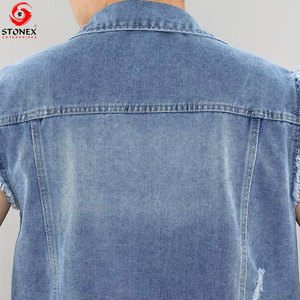 เสื้อกั๊กยีนส์ผู้ชายแบบสั่งทำพิเศษ แขนกุด แต่งขาดสไตล์วินเทจ สีน้ำเงิน  ผู้ผลิต OEM ODM - Product Image 6