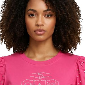 Camiseta Casual de Moda para Mujer, Color Rosa, con Diseño Gráfico de Perlas, Manga Corta, Adornada, para Uso Diario, Ropa de Verano - Product Image 4