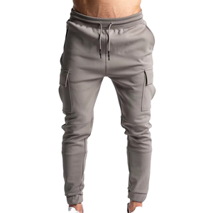 Pantalon de jogging cargo gris en toile légère pour homme avec taille élastique et cordon de serrage, plusieurs poches, décontracté, pour l'automne et la gym - Product Image 1