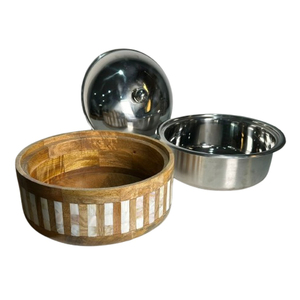 Wood & Metal <b>Serving</b> <b>Dish</b> <b>Set</b> Of 3 Mother-of-Pearl Hand Inlay Design With Chrome Lid For Elegant Dining And Home Decoration - Product Image 3