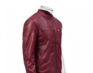 Blouson moto en cuir véritable bordeaux pour homme, avec poche poitrine, fermeture éclair, col montant, uni, en Spandex/Polyester, avec fourrure - Product Image 3