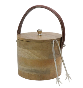 Seau à glace en bois de hêtre avec poignée en cuir et pince en acier, artisanat en bois naturel - Product Image 1