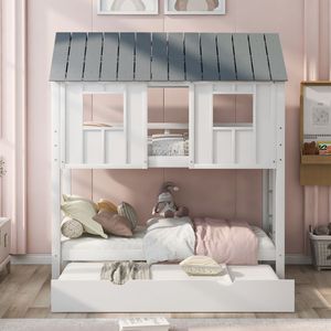 Cama litera doble blanca y gris con techo y ventanas, con cama nido extraíble - Camas infantiles (SKU ANTIGUO GX000705AAK 1) - Product Image 3