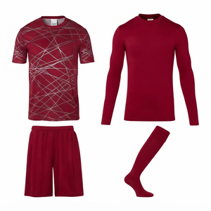Conjunto de Camiseta de Fútbol Color Granate Personalizada, 100% Poliéster, Tejido de Malla de Secado Rápido, Cuello Redondo, Mangas Cortas, Cintura Elástica, Unisex, para Adultos - Product Image 1