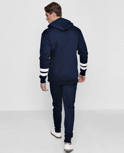 <b>Men</b> Hooded Tracksuit <b>Black</b> Full Sleeve Solid Color Casual Wear With White Stripes On Sleeves Breathable Polyester Material - Product Image 4