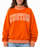 Sweat-shirt universitaire à col montant pour femme, avec logo personnalisé, broderie appliquée, motif gingham, coupe oversize, en molleton de coton doux