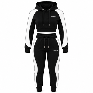 Women's Streetwear Heavyweight Logo Patches Zipper 100% Cotton Fleece 2 Piece Long Set Hoodie & Crop <b>Top</b> Sweatsuits Winter - Product Image 2