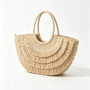 Customized Beige fan‑shaped fringe <b>straw</b> tote <b>bag</b>, layered tassel woven handbag,crocheted <b>straw</b> shoulder <b>bag</b> - Product Image 5
