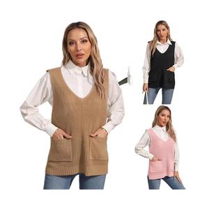Pull sans manches pour femme, col en V, style coréen, fin, décontracté, tendance, doux, côtelé, automne-hiver, tricoté, avec poches - Product Image 1