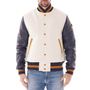 Men's White Navy Varsity Jacket Wool Sleeves <b>Covered</b> <b>Button</b> Closure Casual Winter Wear 2027 Breathable Anti-Bacterial Quick Dry - Product Image 1