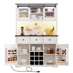 71 \ "Farmhosue bianco rovere rustica armadi da cucina dispensa Bar armadio 3 cassetti porta scorrevole presa di corrente per bicchieri da vino - Product Image 3