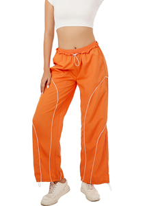 Pantalones Anchos Tipo Paracaídas Color Naranja para Mujer, Cintura Alta con Cordón, Largos, Casuales, Transpirables, 100% Poliéster, con Raya Lateral - Product Image 6