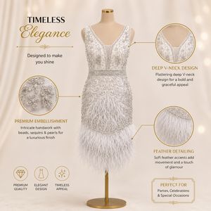 Women White Feather <b>Sequin</b> Mini Dress Deep V Neck Beaded Pearl Embellished Sleeveless Elegant Party Cocktail Wedding Evening - Product Image 5
