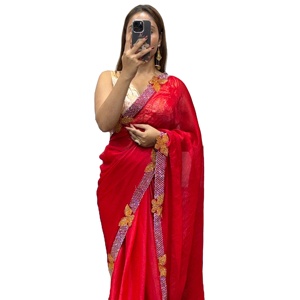 Nouvelle collection de saris de soirée formels en soie georgette brodée avec des travaux de broderie Jeri - Product Image 2