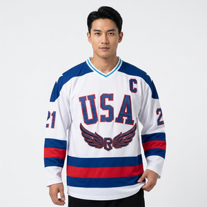 Camiseta de Hockey sobre Hielo de EE. UU. para Hombre, Manga Larga, Cuello en V, Bordado, Poliéster que Absorbe la Humedad, Uniforme, Corte Regular para Adultos - Product Image 3