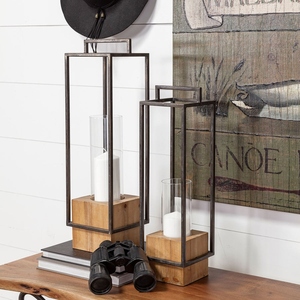 Lanterne à bougie élégante et moderne en métal et bois, avec un cadre ouvert fin et un cylindre en verre, décoration minimaliste parfaite - Product Image 2