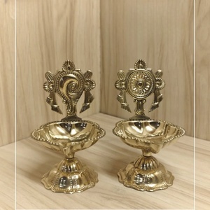 Traditional Brass Diya <b>Set</b> with Ornate Back Design Multi Wick Oil Lamp Stand for Puja Temple Decoration and Festive Lighting Use - Product Image 3