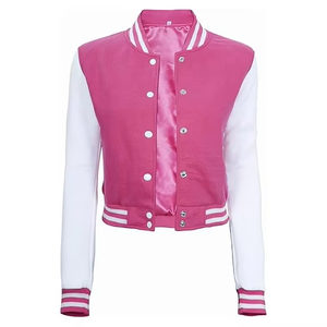 Chaqueta Varsity Rosa de Satén para Mujer, con Bloques de Color en Contraste, Cuello Alto, Chaqueta Corta Estilo Béisbol - Product Image 6