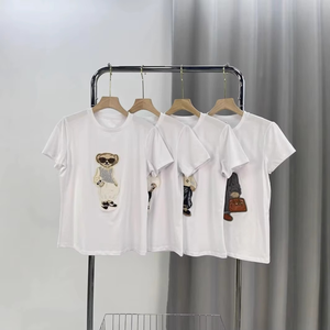 2026 Summer Korean Style New Round Neck Little Bear Animal Pattern Embroidery Pure Cotton Short Sleeve T Shirt for Women - Product Image 1