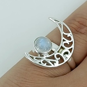 Rainbow Moonstone <b>Ring</b> 925 Sterling <b>Silver</b> Handmade <b>Statement</b> Promise <b>Ring</b> for Women Boho Round June Birthstone Jewelry - Product Image 3