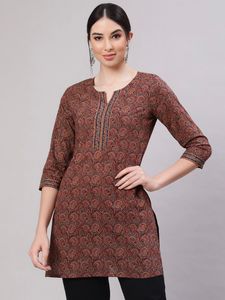 Women Black Floral Printed Cotton Kurt With Printed Neck And Cuffs Loose Fit Midi Length Traditional Casual Wear India <b>Top</b> - Product Image 4