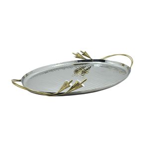 Bandeja Decorativa Ovalada con Asas de Latón, Diseño Floral Art Deco, Artesanía Metálica, Bandeja Ovalada de Acero Inoxidable con Asas de Latón - Product Image 1