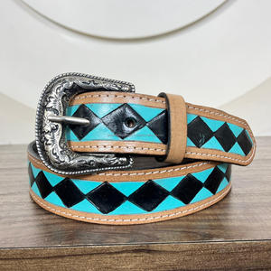 <b>Top</b> Brand Professional Manufacturer Checkered Hand Tooled Cowhide Leather Belt for Unisex Genuine High Grade Adjustable Belts - Product Image 5