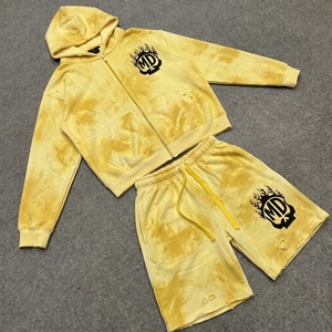 Custom Eco-Friendly 100% Cotton <b>Summer</b> Acid Wash Distressed Fleece Hoodie Shorts Set <b>Men</b> Streetwear Full Zip Tracksuit - Product Image 2