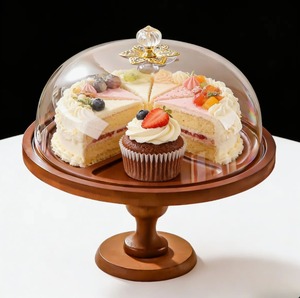 Round Wooden <b>Cake</b> <b>Stand</b> with Glass Dome Cover Reusable Dessert Display Holder for Home Kitchen Party - Product Image 3
