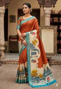 Sari indien traditionnel en soie avec motif imprimé numérique, bordure orange et bleue, pour femmes, tenue de mariage - Product Image 1