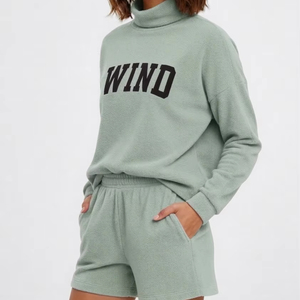 High Quality Winter Women Mockneck Fleece Shorts <b>Set</b> Polyester/Cotton Material Soft <b>Knitted</b> Breathable Quick Dry Eco-Friendly - Product Image 1