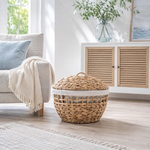 Panier de rangement en jacinthe d'eau naturelle tressé avec couvercle, organisateur rond fait main pour salon, chambre, buanderie, décoration intérieure - Product Image 5