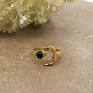 SHYAM JEWELRS Mystic Black Onyx Crescent Moon <b>Ring</b> 14K Gold Plated Brass <b>Adjustable</b> Celestial Jewelry Boho & Hippie Unisex - Product Image 1