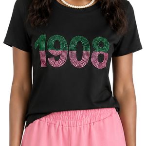 เสื้อยืดกราฟิก Black Rhinestone 1908 แขนสั้นสำหรับผู้หญิง เสื้อยืดลำลองผ้าฝ้าย แฟชั่นท็อป ประดับตัวอักษรวิบวับ สไตล์สตรีทแวร์สำหรับฤดูร้อน - Product Image 6