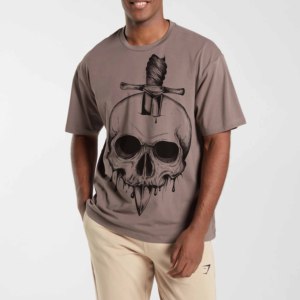 Men's Gray Plus Size Anti-Wrinkle Short Sleeve T-Shirt <b>Skull</b> Sword Print O-Neck Casual Streetwear Jersey Cotton - Product Image 1
