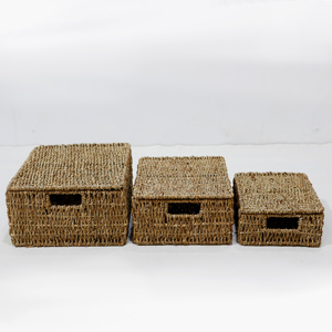 Brown <b>Rectangular</b> Sedge <b>Storage</b> <b>Baskets</b> with Lids and Handles Stackable Nesting Design Nordic Style Multi-Purpose Organizers - Product Image 5
