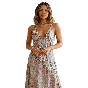 Talla Única Y2K, Vestido Maxi Bohemio Natural de Seda Tejida India, Estampado Geométrico, Estilo Coreano, Cuello en V, Sin Mangas, Aberturas Laterales, Antiarrugas - Product Image 3