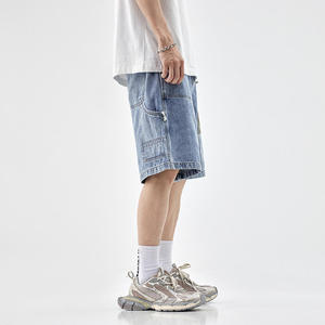 <b>mens</b> relaxed fit denim shorts oversized cargo shorts light blue wash vintage elastic waist white drawstrings worker style - Product Image 4