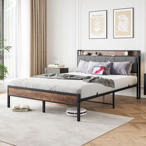 Struttura letto matrimoniale in metallo con testiera contenitore e stazione di ricarica, solida e stabile, silenziosa, non richiede rete a molle, facile da montare - Product Image 2