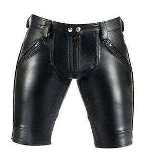 Shorts en cuir non tissé style motard pour homme avec empiècements latéraux, coupe décontractée - Product Image 1