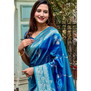 Sari Tejido Banarasi Jaal Azul de Elite Weaves, Seda Suave con Zari, Ropa India y Pakistaní - Product Image 2