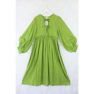 Robe Babydoll en mélange de coton vert lime pour femme, manches bouffantes, coupe ample, mini-robe décontractée - Product Image 2