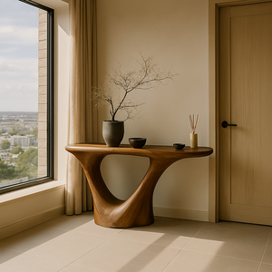 โต๊ะคอนโซลไม้สไตล์โมเดิร์นพร้อมฐานทรงออร์แกนิกที่มีศิลปะ โต๊ะตกแต่งทางเข้าร่วมสมัยสำหรับห้องนั่งเล่นและโถงทางเดิน - Product Image 5